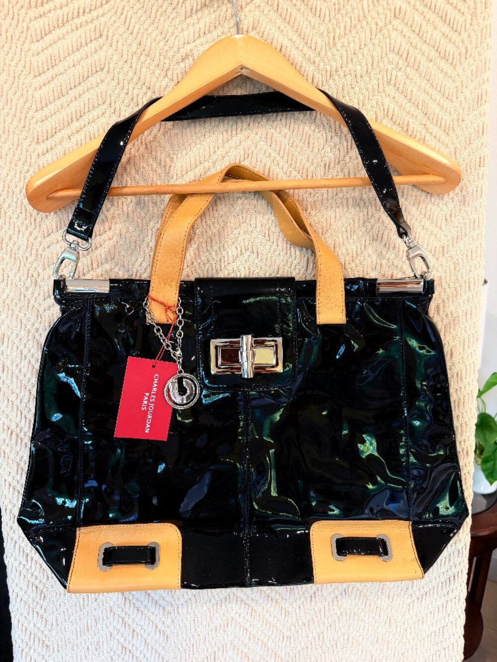 NWT Charles Jourdan Paris Black Patent Large Shoulder Tote Bag